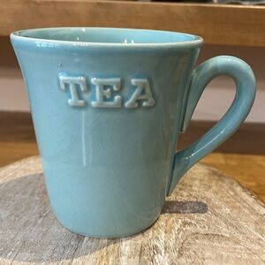 Primagera Oversized Ceramic Tea Mug w/Embossed Letters Soft Blue Green Color